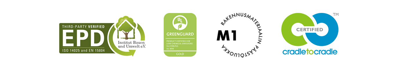 Purline-biopolyuretaanilattialla on Cradle to Cradle- ja Greenguard Gold-sertifikaatit, EPD-ympäristöseloste sekä M1-sisäilmaluokitus.
